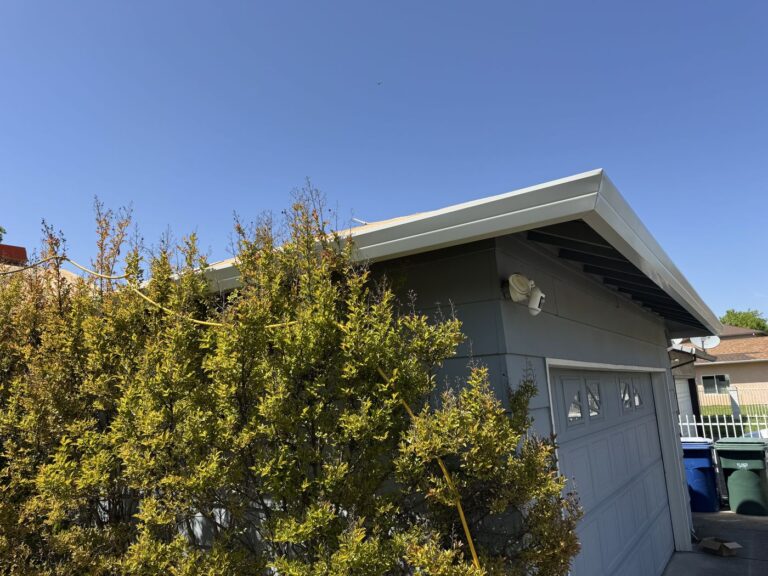 New white G5 gutters were installed on a home. There is a big bush to the left side of the photo.