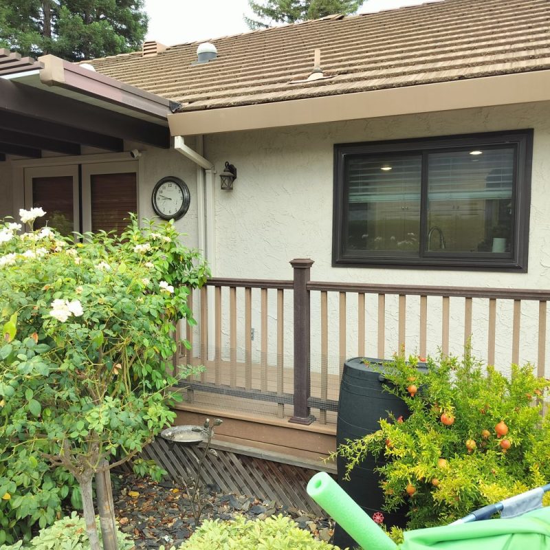 Gutters with a white downspout on side of a home. The side of the home features a window. Wooden deck and wooden railing. Green shrubs and bushes with white flowers on one and a pomegranate tree.