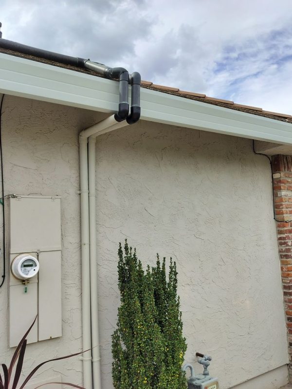 White gutters featuring a green shrub